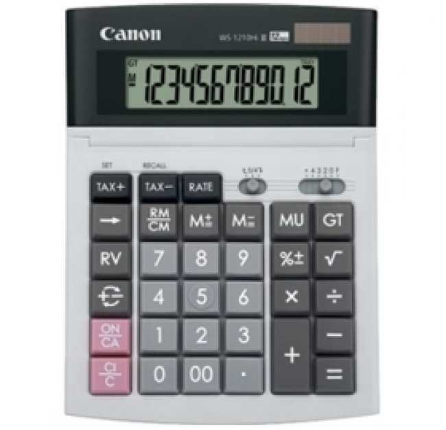 เครื่องคิดเลข CANON WS-1210HI III Calculator ทรงกว้างตั้งโต๊ะ พับจอได้ ปรับเอนเพิ่มองศาในการมอง รับกับสายตา ดีไซน์สีเงินด้วยวัสดุ เกรด A มีปุ่มตั้งถิดแวตภาษีมูลค่าเพิมแบบบอัตโนมัติ