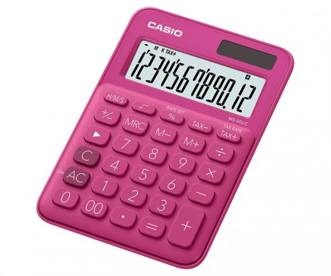 เครื่องคิดเลข Casio MS-20UC-RD มีTAX ออกแบบมาเป้นสีแดงบานเย็น ราคาไม่แพงสเปคครบ 2 พลังงานแสงอาทิตย์และแบตเตอรี่ 