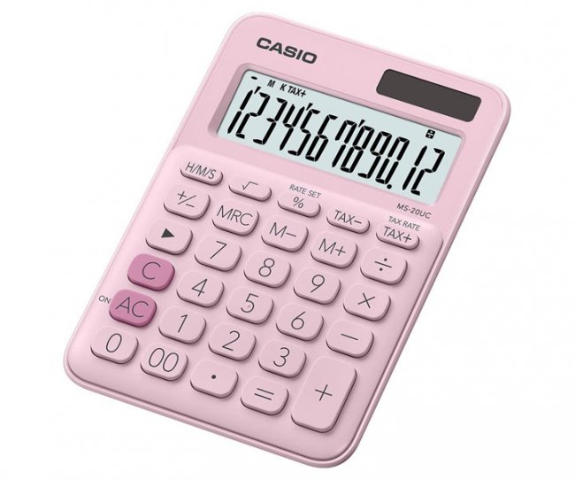 เครื่องคิดเลข Casio MS-20UC-PK มีTAX ออกแบบมาเป้นสีชมพู ราคาไม่แพงสเปคครบ 2 พลังงานแสงอาทิตย์และแบตเตอรี่ 